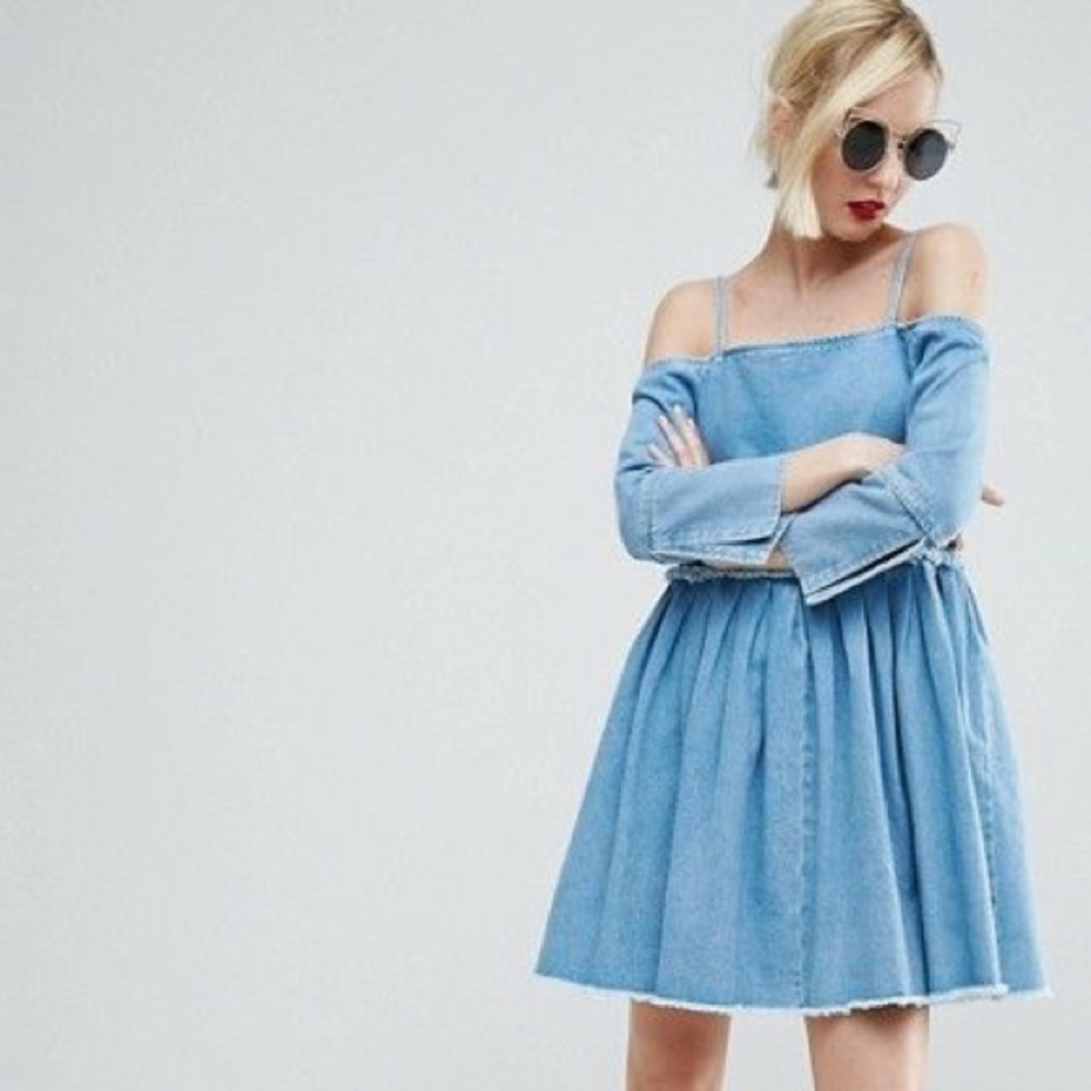 ASOS Dress Denim Off Shoulder Pleated Bell Sleeves - Picture 2 of 7
